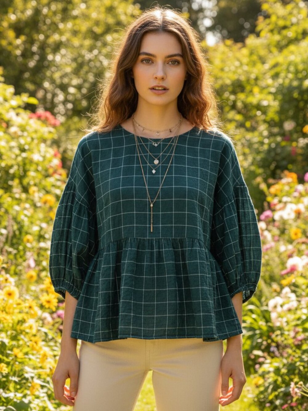 A New Day XL Top Green Plaid Peplum Puff Sleeve Preppy Boho Academia Retro Mod
